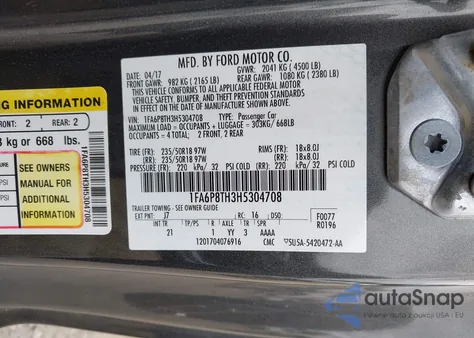 2017 Ford Mustang Ecoboost from USA, damaged, VIN 1FA6P8TH3H5304708